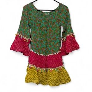 Santorini Cotton Tiered Floral Boho Beach Dress with Tassels